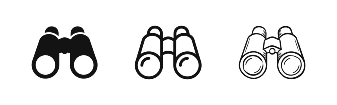 Binoculars icon set in three different styles: flat solid, thin line, and hand-drawn sketch