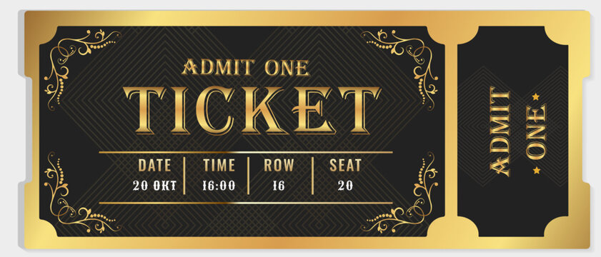 Golden ticket template on black background. Horizontal luxury vintage art deco admission pass with tear-off stub for VIP event, theater, cinema, or concert show. Elegant vector illustration.