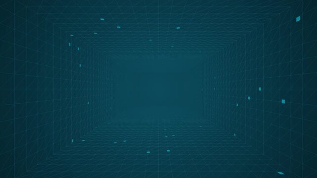Futuristic digital wireframe tunnel background animation featuring flying blue data square particles through a cyber grid network, perfect for high tech presentation backdrops
