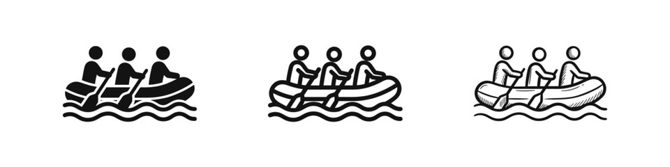 White Water Rafting Icon Set - Solid, Outline, and Sketched Styles for Adventure, Teamwork, and Sport Concepts © drawing lines
