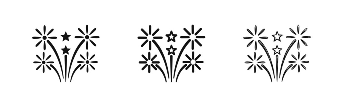 Fireworks Icon Set. Vector illustration in solid, outline, and hand-drawn doodle style.