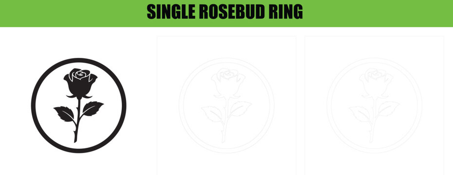 Single rosebud ring black silhouette sketch outline within circle vector illustration design element.