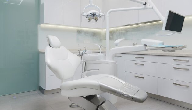 Modern dental clinic interior with comfortable dental chair, advanced equipment, organized space and bright lighting for patient procedures and oral care