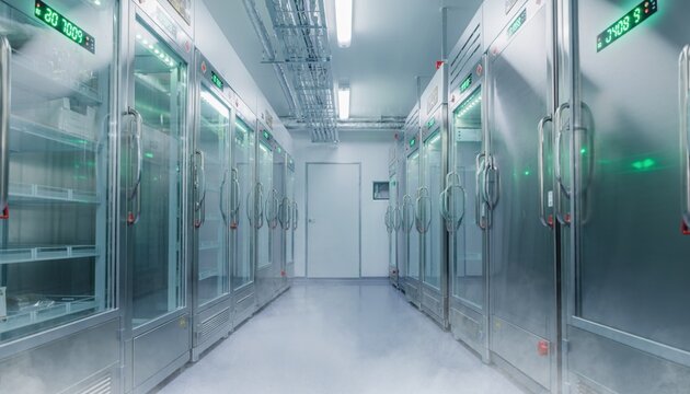 Cold Storage Room with Stainless Steel Cabinets and Fog Effect, Ideal for Food Preservation, Pharmaceuticals, and Research Applications