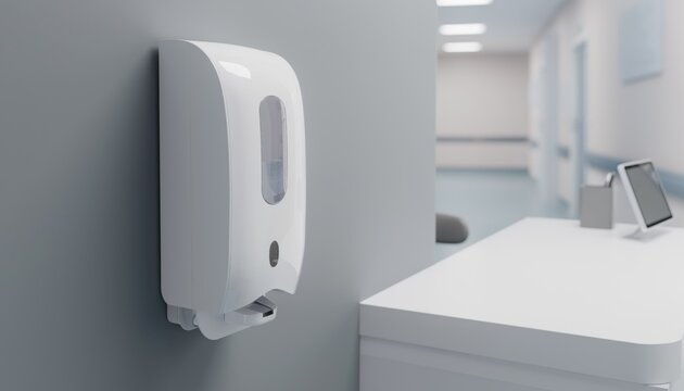 Modern White Soap Dispenser Mounted on Wall in Clean Medical Facility with Focus on Hygiene and Infection Control in Healthcare Environment