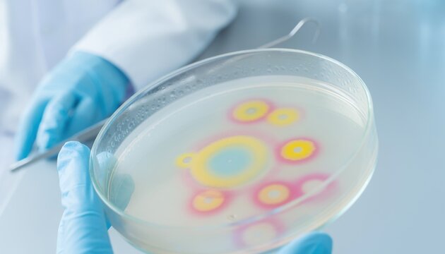 Laboratory Research with Petri Dish Showing Colorful Bacterial Growth on Agar Media in Scientific Setting for Microbiology Studies and Experiments