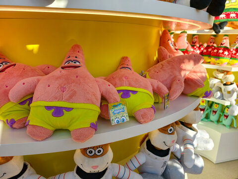 Turkey, Istanbul, June 10, 2026. Close up of a Patrick Star plush toy from the SpongeBob SquarePants collection.