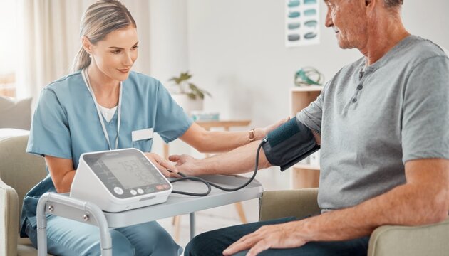 Nurse Taking Blood Pressure of Senior Man in Comfortable Clinic Setting, Showing Health Check and Care for Elderly Patients