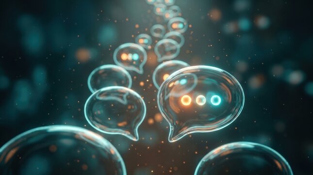 3D Glass Speech Bubbles with Glowing Chat Icons Floating in Cinematic Space for Social Media and Digital Communication Marketing