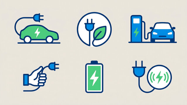 Eco electric vehicle charging icon collection with EV car, battery, plug, and charging station symbols.