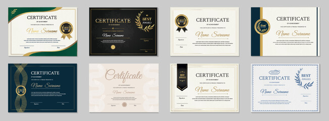 Certificate template set. Eight elegant horizontal diplomas with gold seals and borders. Modern vector layouts for corporate, business, and educational graduation awards. © Uliya