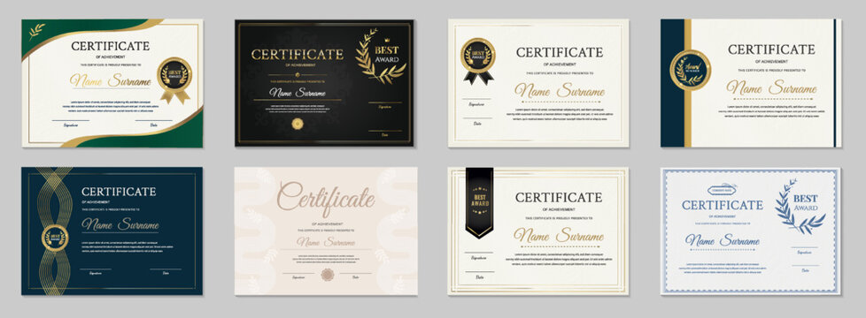Certificate template set. Eight elegant horizontal diplomas with gold seals and borders. Modern vector layouts for corporate, business, and educational graduation awards.