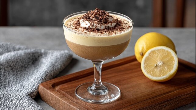 Banshee cocktail in a coupette glass with banana, chocolate liqueur and cream, creamy froth and elegant bar presentation, soft lighting and minimalist background for drink menu design.