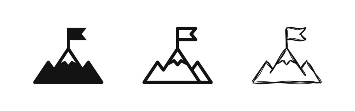 Mountain peak with flag icon set in three styles: solid, outline, and hand-drawn doodle vector illustration