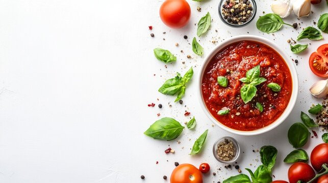 Fresh tomato sauce garnished with basil serves as a vibrant culinary background for recipes.