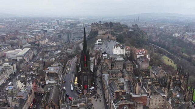 Aerial View Drone shot of Royal Mile, Edinburgh Castle, Old Town, Scott Monument, Edinburgh,  Scotland, United Kingdom