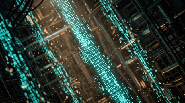 Glowing binary code streams flowing through dark industrial server architecture with cyan light and gold particles for cybersecurity and data visualization
