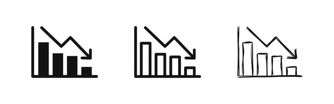 Declining Bar Chart Icon Set - Business Loss and Downward Trend Symbols in Solid, Outline, and Hand-Drawn Styles