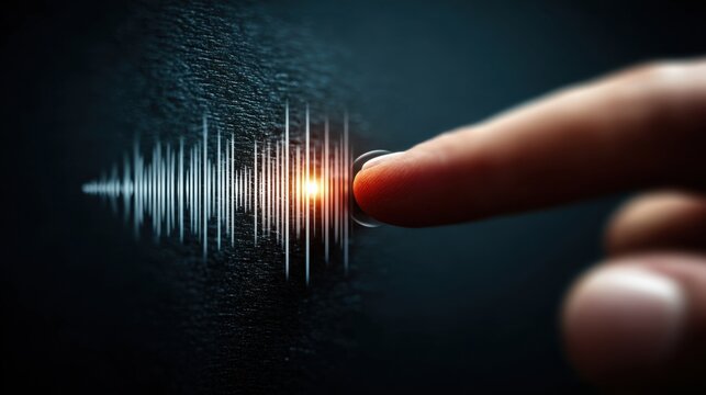 Finger touching a sound wave depicting a conceptual voice trigger icon representing voice activation in digital technology