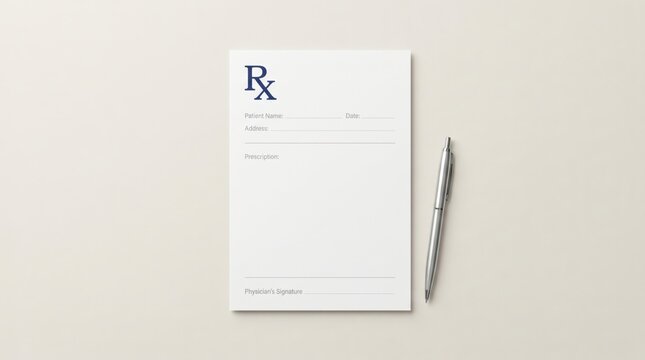 Blank Medical Prescription Pad With Rx Symbol and Metallic Pen on a Clean Neutral Background Top View