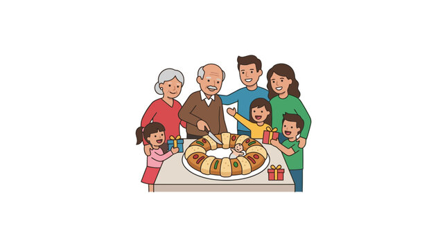 Family Gathering for Rosca de Reyes Celebration with King Cake and Gifts