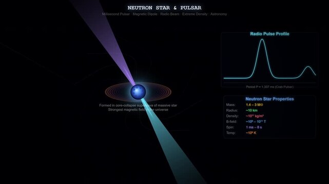 Neutron Star and Pulsar Animation Showing Rapidly Rotating Dense Stellar Remnant Emitting Radiation Beams