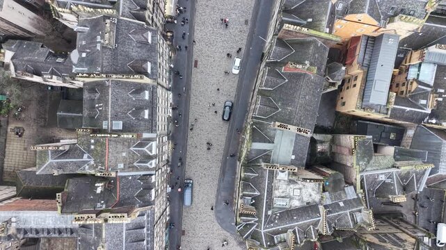 Aerial View Drone shot of Royal Mile, Edinburgh Castle, Old Town, Scott Monument, Edinburgh,  Scotland, United Kingdom