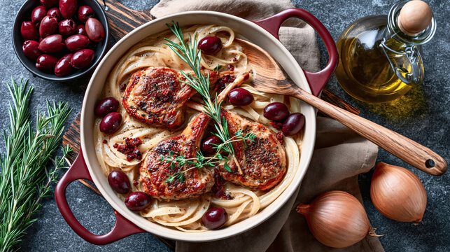 Overhead view of Braised Lamb Cutlets with Onions, Herbs and Olives. Concept of Italian meals for the summer from Ravenna, Emilia-Romagna region of northern Italy.
