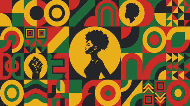 Vibrant illustration of a woman surrounded by colorful abstract shapes and patterns.