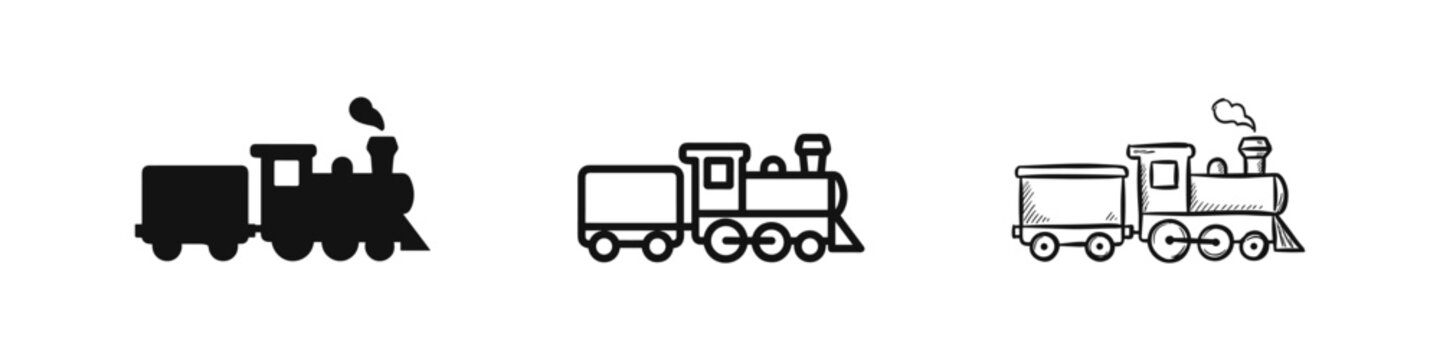 Steam locomotive train icon collection in solid, outline, and doodle styles isolated on white
