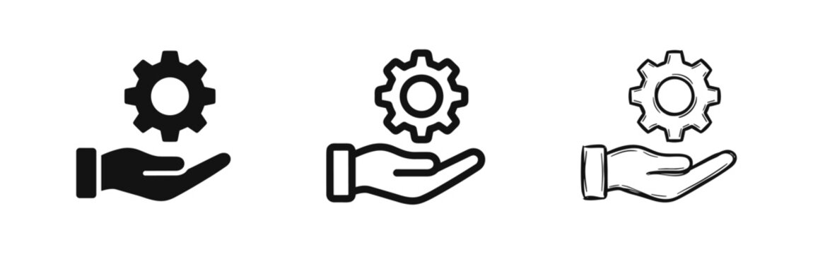 Maintenance and technical support icon set with hand holding a gear in multiple design styles