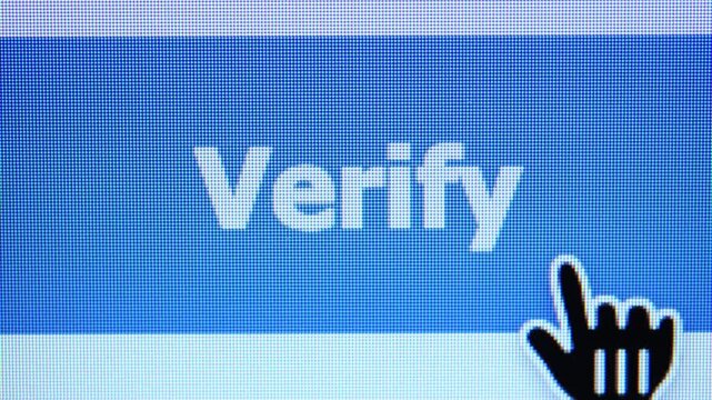 A computer mouse cursor approaches a large blue button with the text "Verify" displayed on a digital screen.
