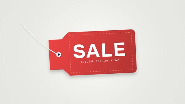 Flat design motion graphics animation of hanging retail price tags swinging gently with bold sale text and discount offers. Ideal for e-commerce promotions and seasonal shopping events.