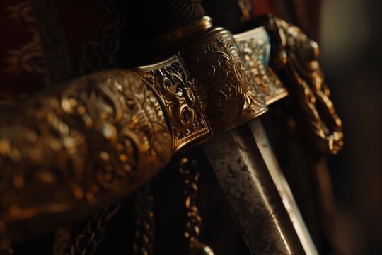 Ornate cavalry saber with engraved golden hilt. AI-generated.