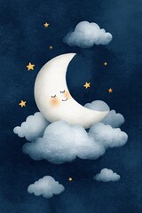 Obraz premium Sleepy moon resting on clouds among stars. AI-generated.
