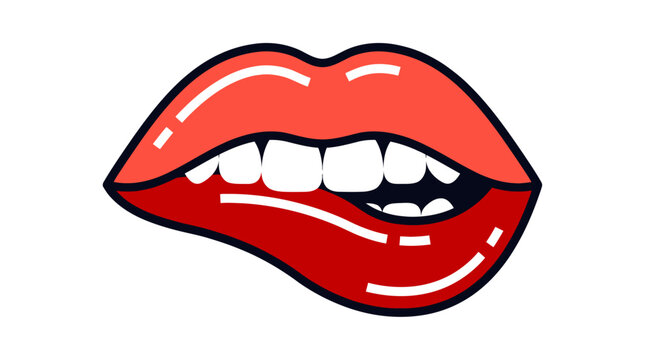 Stylized Vector Illustration of Biting Lips with Glossy Red Lipstick for Beauty and Expression Design