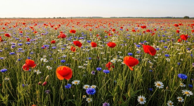 Vibrant summer wildflower meadow featuring poppies, cornflowers, and daisies at sunset