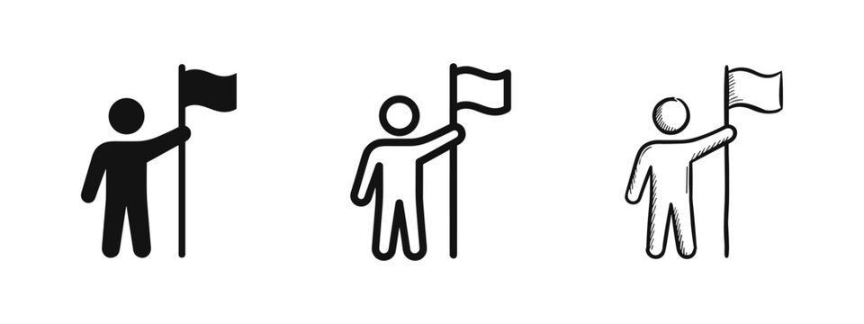 Person holding flag icon set. Leadership, achievement, and goal setting symbols.