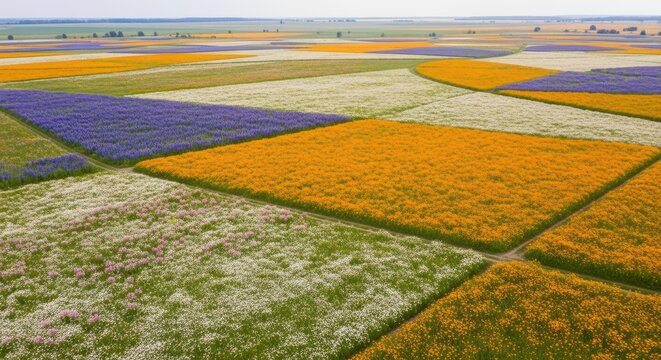 Aerial drone view of vibrant patchwork flower fields in bloom with colorful summer floral patterns in rural landscape.