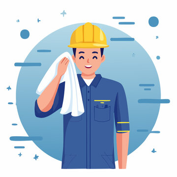 額の汗を白いタオルで拭い休憩する青い作業着の男性作業員