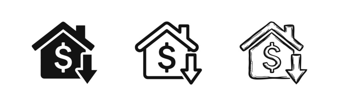 Real Estate Price Drop and Lower Mortgage Icons in Solid, Line, and Hand-Drawn Styles