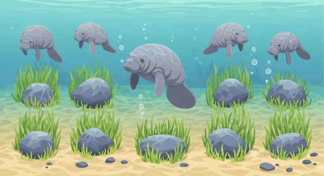 A group of manatees swimming peacefully underwater in their natural habitat with aquatic plants and rocks.