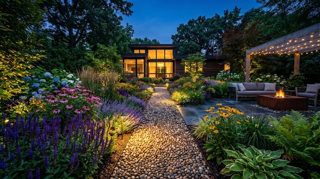 Modern backyard garden with illuminated pebble path and colorful plants at blue hour 8k realistic portrait 