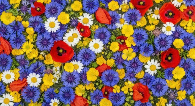 Vibrant top-down view of mixed wildflowers including red poppies, blue cornflowers, white daisies, and yellow buttercups in bloom