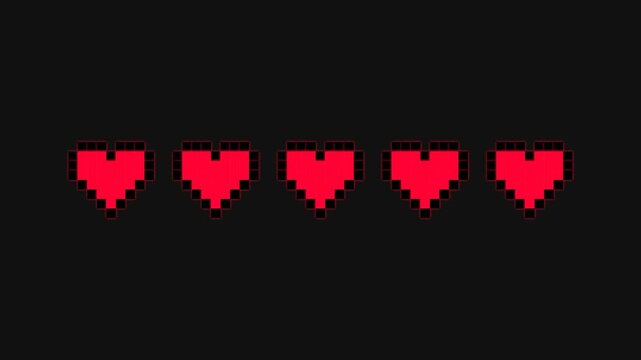 Pixel art heart loading bar animation sequence on dark background