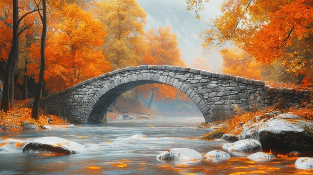 Ancient Stone Bridge in Autumn Landscape