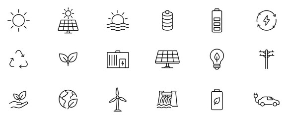 Fototapeta premium Set of eco energy outline icons including sun, solar panel, battery, recycling, leaf, power plant, light bulb, wind turbine, hydro power, electric car and more on transparent background