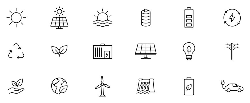 Set of eco energy outline icons including sun, solar panel, battery, recycling, leaf, power plant, light bulb, wind turbine, hydro power, electric car and more on transparent background