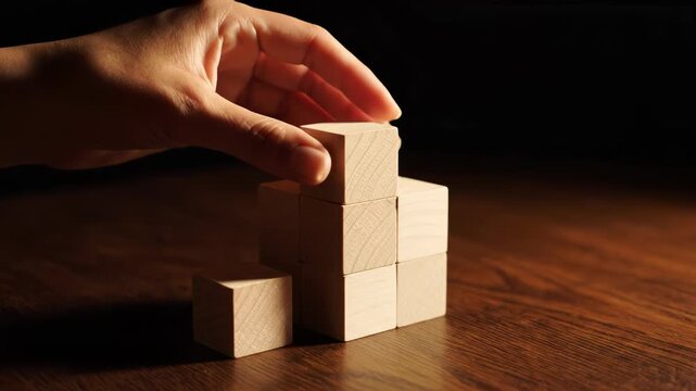 Hand placing a wooden block on top of a stack of wooden cubes on a wooden table