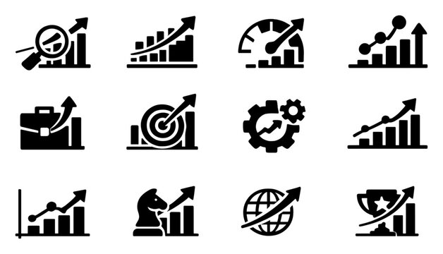 Set of black icons representing business growth, success, strategy, and performance with upward trending graphs and arrows on transparent background